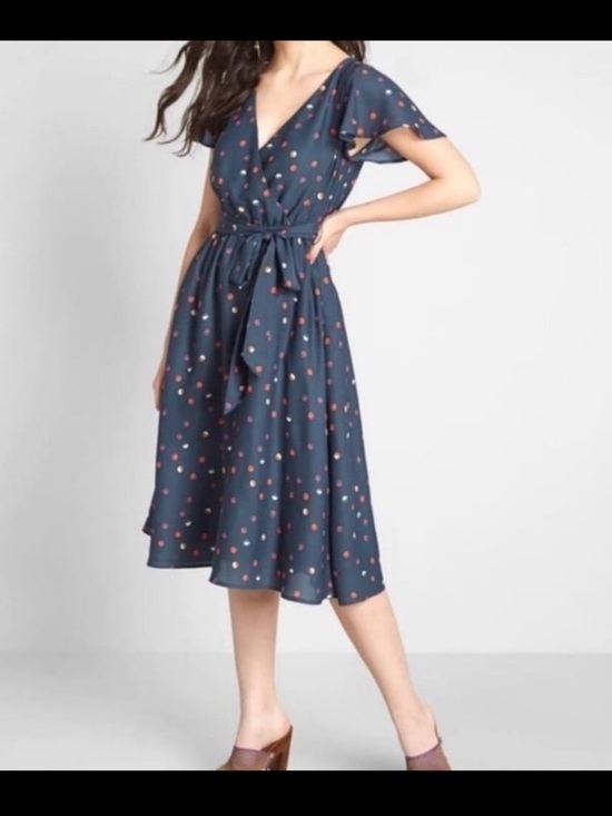 Modcloth Dresses & Skirts - ModCloth ‘Fits of Bliss’ Navy Polka Dot Wrap Midi Dress Size 2X